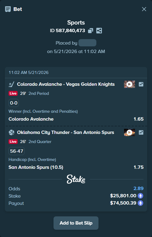 Bet slip: Oklahoma City Thunder - San Antonio Spurs, $20,874.56 stake at 1.75 odds, placed by Rosspicks