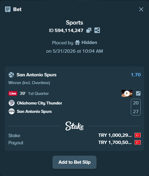 Bet slip: Oklahoma City Thunder - San Antonio Spurs, $30,008.90 stake at 1.70 odds, placed by Hidden
