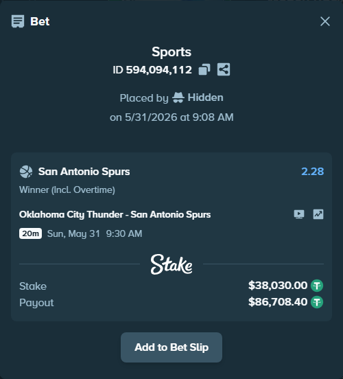 Bet slip: Oklahoma City Thunder - San Antonio Spurs, $38,068.03 stake at 2.28 odds, placed by Hidden