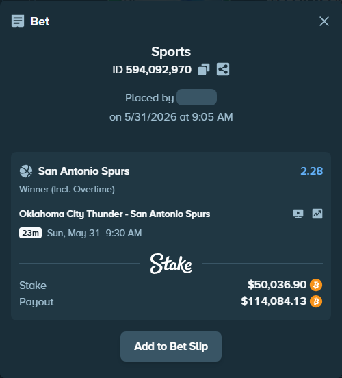 Bet slip: Oklahoma City Thunder - San Antonio Spurs, $43,615.74 stake at 2.28 odds, placed by Dzokoichoi