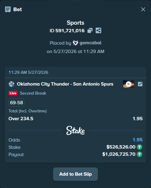 Bet slip: Oklahoma City Thunder - San Antonio Spurs, $527,052.53 stake at 1.95 odds, placed by gemcabal