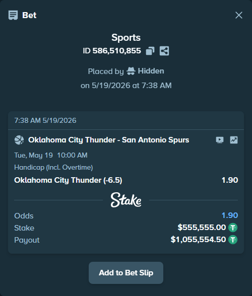 Bet slip: Oklahoma City Thunder - San Antonio Spurs, $556,110.55 stake at 1.90 odds, placed by Hidden