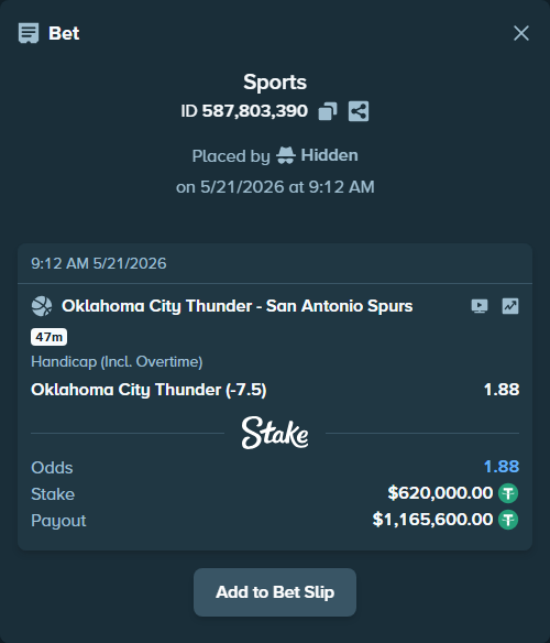 Bet slip: Oklahoma City Thunder - San Antonio Spurs, $620,620.00 stake at 1.88 odds, placed by Hidden