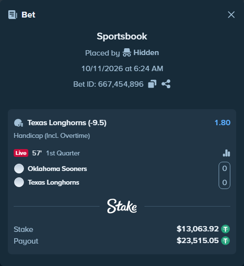 Bet slip: Oklahoma Sooners - Texas Longhorns, $13,076.98 stake at 1.80 odds, placed by fhv166151