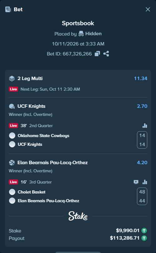 Bet slip: Oklahoma State Cowboys - UCF Knights, $10,000.00 stake at 2.70 odds, placed by Hidden