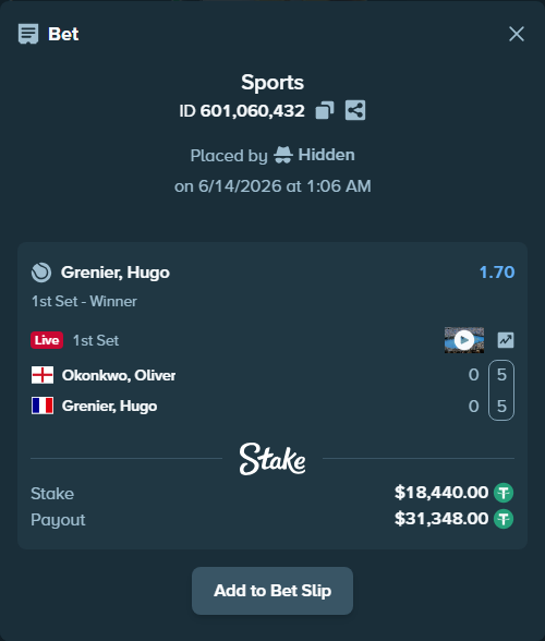 Bet slip: Okonkwo, Oliver - Grenier, Hugo, $18,458.44 stake at 1.70 odds, placed by Hidden