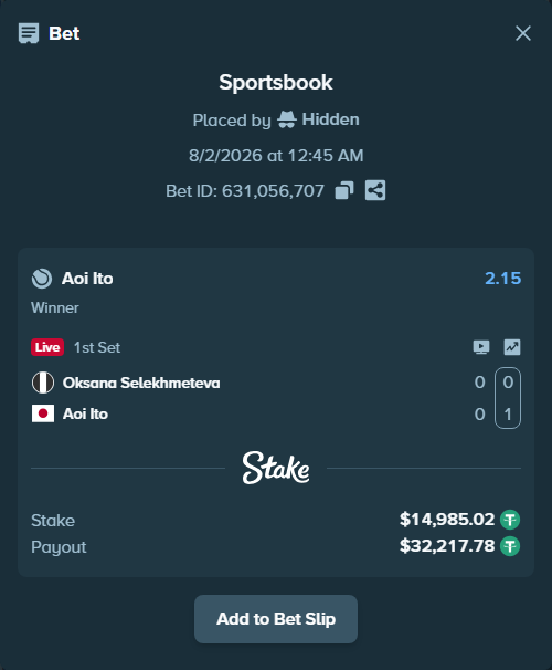 Bet slip: Oksana Selekhmeteva - Aoi Ito, $15,000.00 stake at 2.15 odds, placed by Hidden