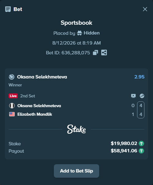 Bet slip: Oksana Selekhmeteva - Elizabeth Mandlik, $20,000.00 stake at 2.95 odds, placed by Hidden