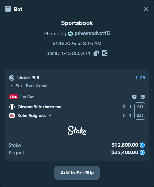 Bet slip: Oksana Selekhmeteva - Katie Volynets, $12,798.72 stake at 1.75 odds, placed by privetmedvet15
