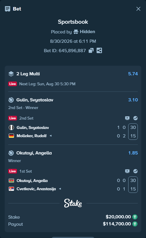 Bet slip: Okutoyi, Angella - Cvetkovic, Anastasija, $20,000.00 stake at 1.85 odds, placed by Hidden