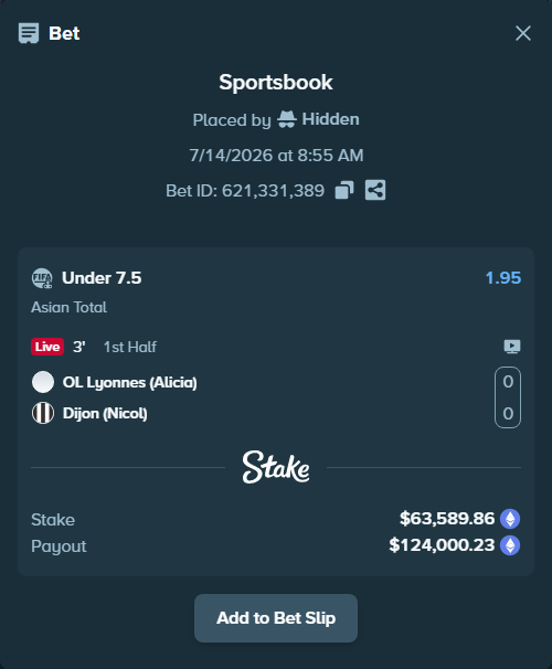 Bet slip: OL Lyonnes (Alicia) - Dijon (Nicol), $68,764.50 stake at 1.95 odds, placed by Hidden
