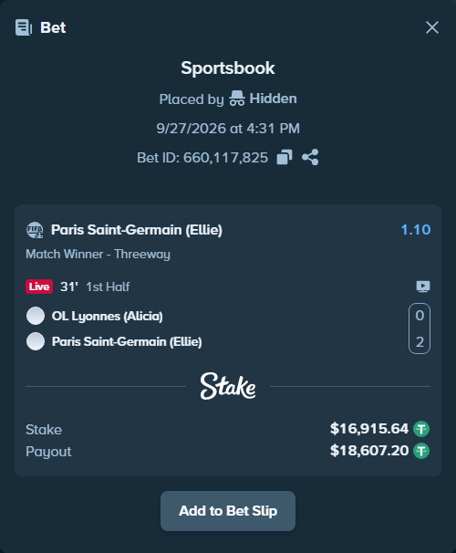 Bet slip: OL Lyonnes (Alicia) - Paris Saint-Germain (Ellie), $16,915.64 stake at 1.10 odds, placed by Usklood