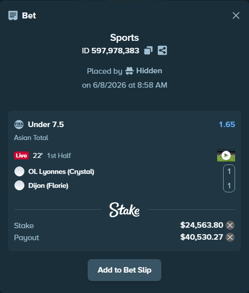Bet slip: OL Lyonnes (Crystal) - Dijon (Florie), $24,457.44 stake at 1.65 odds, placed by Hidden