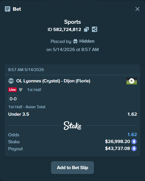 Bet slip: OL Lyonnes (Crystal) - Dijon (Florie), $20,726.75 stake at 1.62 odds, placed by Hidden