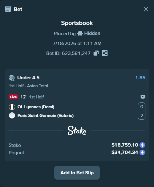 Bet slip: OL Lyonnes (Demi) - Paris Saint-Germain (Valeria), $19,661.07 stake at 1.85 odds, placed by Hidden