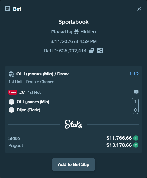 Bet slip: OL Lyonnes (Mia) - Dijon (Florie), $11,778.42 stake at 1.12 odds, placed by Hidden