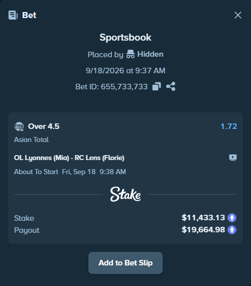 Bet slip: OL Lyonnes (Mia) - RC Lens (Florie), $11,450.77 stake at 1.72 odds, placed by Hidden