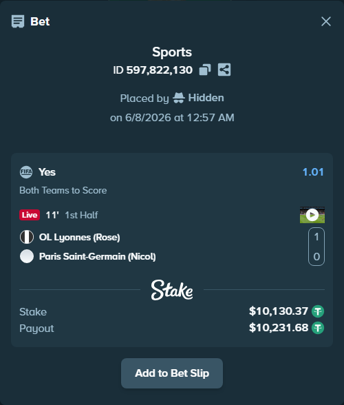 Bet slip: OL Lyonnes (Rose) - Paris Saint-Germain (Nicol), $10,130.37 stake at 1.01 odds, placed by Hidden