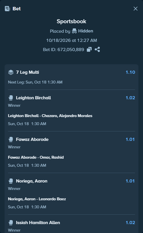 Bet slip: Olaniyan, Adam - Garber, Dan, $10,000.00 stake at 1.01 odds, placed by korehato