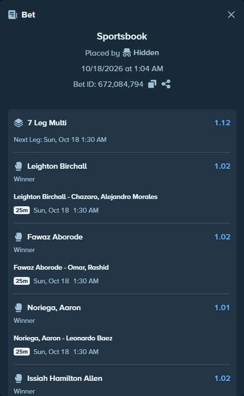Bet slip: Olaniyan, Adam - Garber, Dan, $20,000.00 stake at 1.01 odds, placed by korehato
