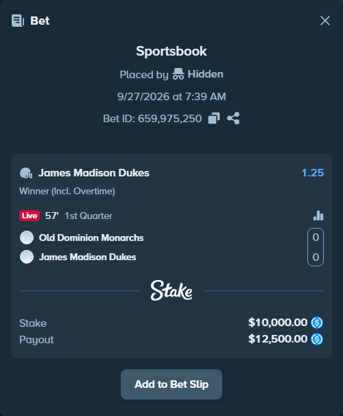 Bet slip: Old Dominion Monarchs - James Madison Dukes, $10,000.00 stake at 1.25 odds, placed by Hidden
