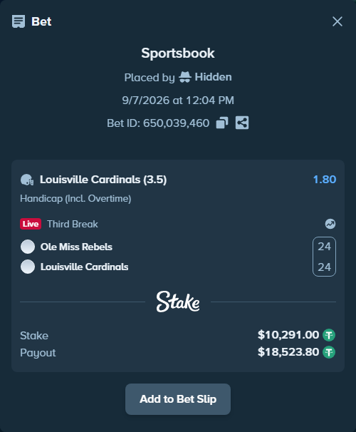 Bet slip: Ole Miss Rebels - Louisville Cardinals, $10,291.00 stake at 1.80 odds, placed by Hidden