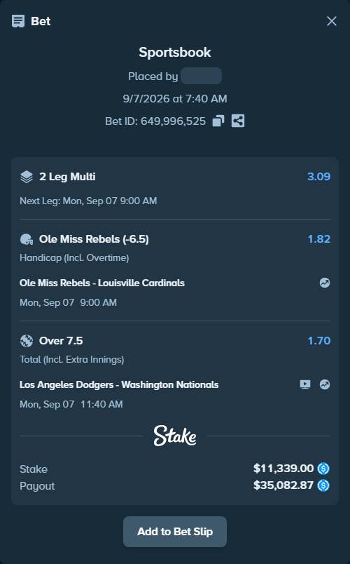 Bet slip: Ole Miss Rebels - Louisville Cardinals, $11,339.00 stake at 1.82 odds, placed by MidrangePicks