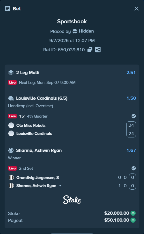 Bet slip: Ole Miss Rebels - Louisville Cardinals, $20,000.00 stake at 1.50 odds, placed by Hidden