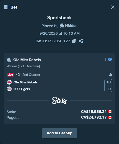 Bet slip: Ole Miss Rebels - LSU Tigers, $11,807.62 stake at 1.55 odds, placed by Hidden