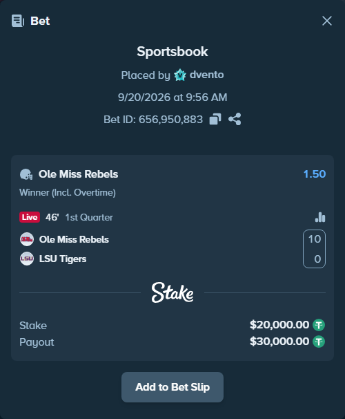 Bet slip: Ole Miss Rebels - LSU Tigers, $20,000.00 stake at 1.50 odds, placed by dvento