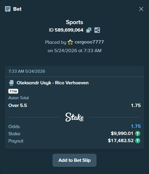 Bet slip: Oleksandr Usyk - Rico Verhoeven, $10,000.00 stake at 1.75 odds, placed by cergooo7777