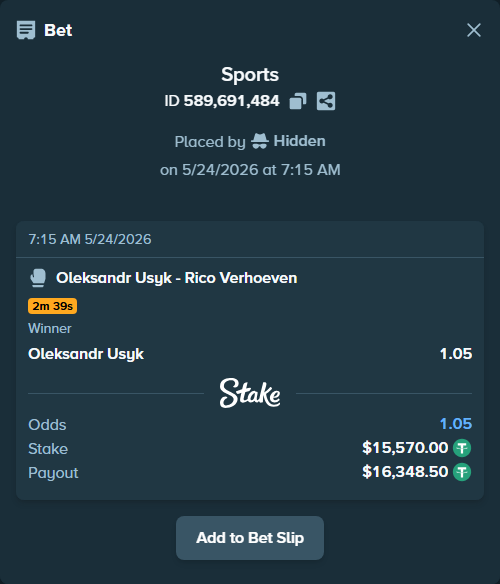 Bet slip: Oleksandr Usyk - Rico Verhoeven, $15,570.00 stake at 1.05 odds, placed by Hidden