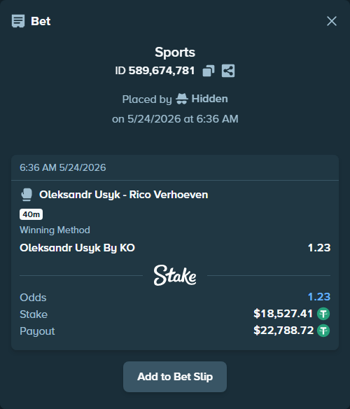 Bet slip: Oleksandr Usyk - Rico Verhoeven, $18,545.94 stake at 1.23 odds, placed by Hidden