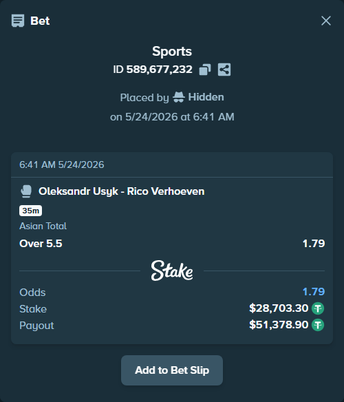 Bet slip: Oleksandr Usyk - Rico Verhoeven, $28,732.00 stake at 1.79 odds, placed by Hidden