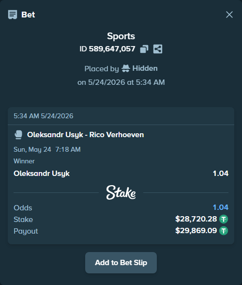 Bet slip: Oleksandr Usyk - Rico Verhoeven, $28,749.00 stake at 1.04 odds, placed by Hidden