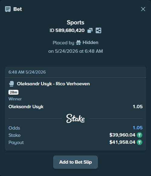 Bet slip: Oleksandr Usyk - Rico Verhoeven, $40,000.00 stake at 1.05 odds, placed by Hidden