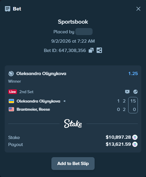 Bet slip: Oleksandra Oliynykova - Brantmeier, Reese, $10,947.11 stake at 1.25 odds, placed by rusty2709