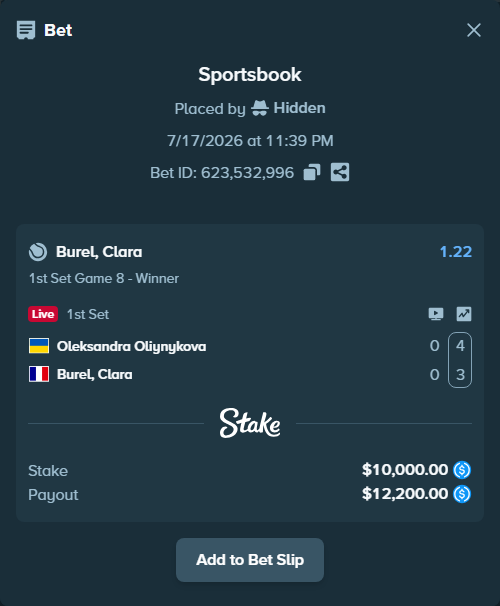 Bet slip: Oleksandra Oliynykova - Burel, Clara, $10,000.00 stake at 1.22 odds, placed by Hidden