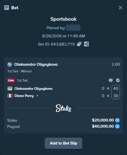 Bet slip: Oleksandra Oliynykova - Diane Parry, $20,000.00 stake at 2.00 odds, placed by kuwkuw