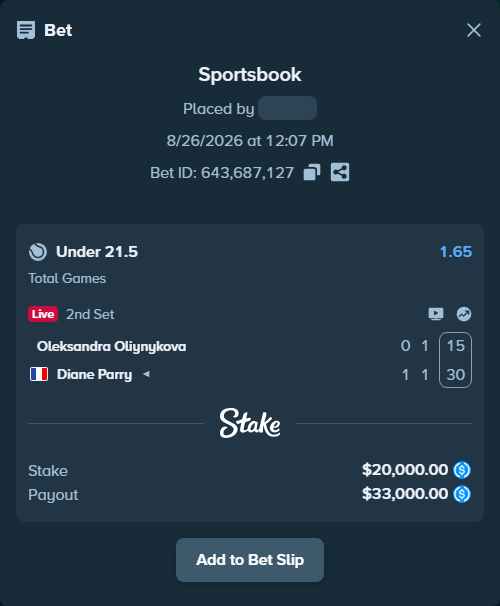 Bet slip: Oleksandra Oliynykova - Diane Parry, $20,000.00 stake at 1.65 odds, placed by kuwkuw