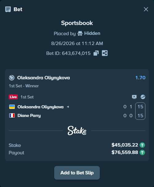 Bet slip: Oleksandra Oliynykova - Diane Parry, $45,035.22 stake at 1.70 odds, placed by Hidden