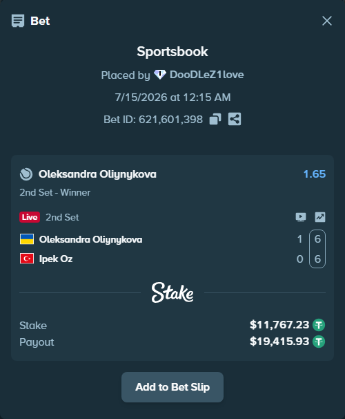 Bet slip: Oleksandra Oliynykova - Ipek Oz, $11,779.00 stake at 1.65 odds, placed by DooDLeZ1love