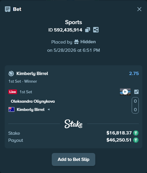 Bet slip: Oleksandra Oliynykova - Kimberly Birrel, $16,852.00 stake at 2.75 odds, placed by Hidden