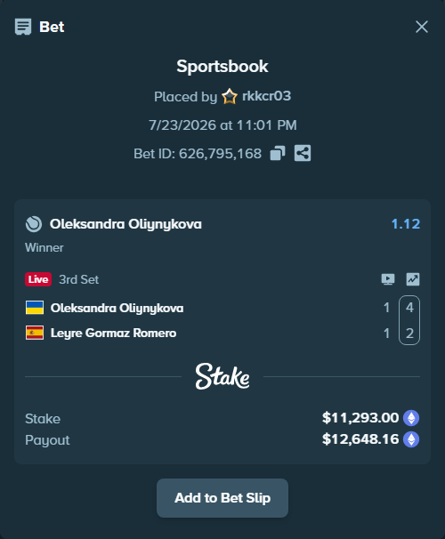 Bet slip: Oleksandra Oliynykova - Leyre Gormaz Romero, $11,320.35 stake at 1.12 odds, placed by rkkcr03