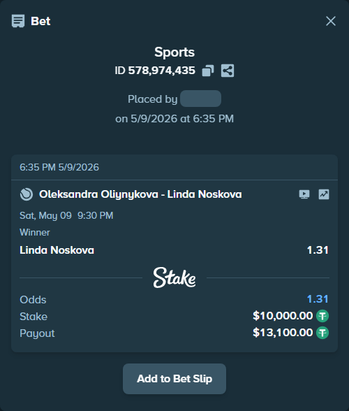 Bet slip: Oleksandra Oliynykova - Linda Noskova, $10,000.00 stake at 1.31 odds, placed by Thanoscape