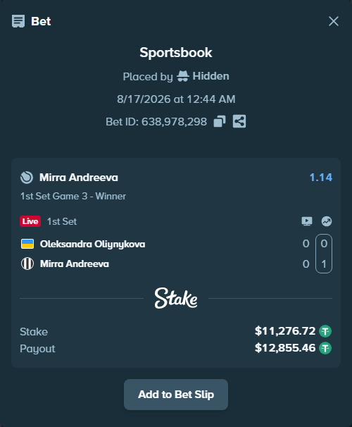 Bet slip: Oleksandra Oliynykova - Mirra Andreeva, $11,288.00 stake at 1.14 odds, placed by Hidden