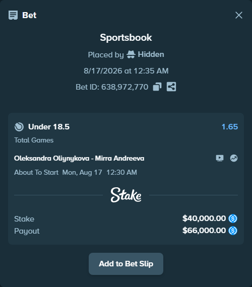 Bet slip: Oleksandra Oliynykova - Mirra Andreeva, $40,000.00 stake at 1.65 odds, placed by Hidden