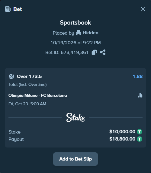 Bet slip: Olimpia Milano - FC Barcelona, $10,010.00 stake at 1.88 odds, placed by Hidden