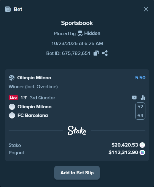 Bet slip: Olimpia Milano - FC Barcelona, $20,496.33 stake at 5.50 odds, placed by Prettylfacko98