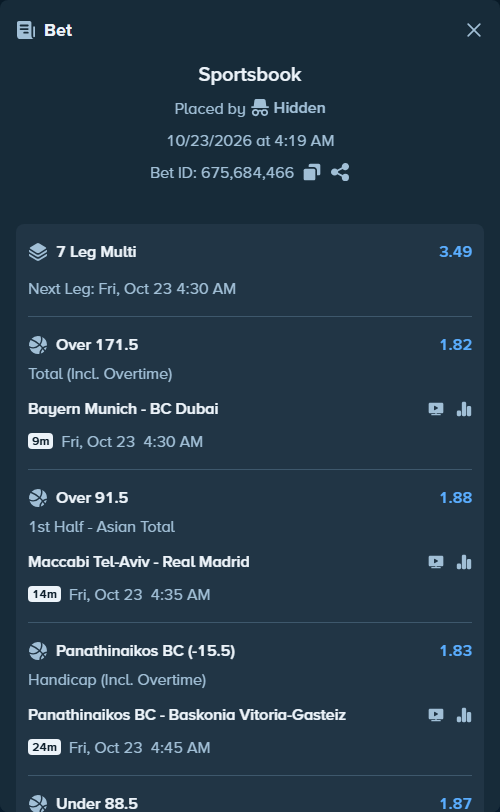 Bet slip: Olimpia Milano - FC Barcelona, $35,000.00 stake at 1.87 odds, placed by Hidden